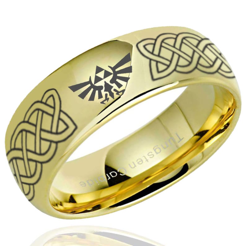 8mm Celtic Zelda Tungsten Ring, Dome Black Gold Tungsten Triforce Zelda Wedding Band, Celtic Knot Zelda Ring image 5