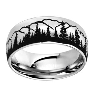8mm Pine Tree Forest Ring, Dome Blue Gray Tungsten Mountain Landscape Nature Wedding Band, Promise Ring For Men image 5