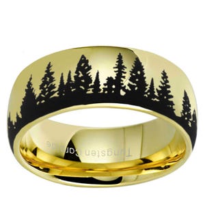 Pine Tree Wedding Band, Forest Ring, Gold Wedding Ring, Tree Forest Band, Anniversary Gifts, Fathers Day Gifts, Dome 5-8MM