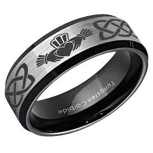 6, 8mm Tungsten Celtic Claddagh Ring, Beveled Black Tungsten Irish Ring, Celtic Knot Mens Wedding Band