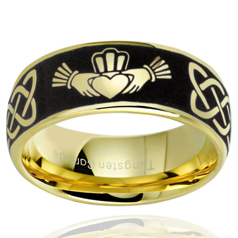 Irish Claddagh Celtic Ring Tungsten Ring Mens Engagement Band Engraved Ring Personalized Ring 10mm Dome 2 Tone Men/'s Tungsten Ring Gold