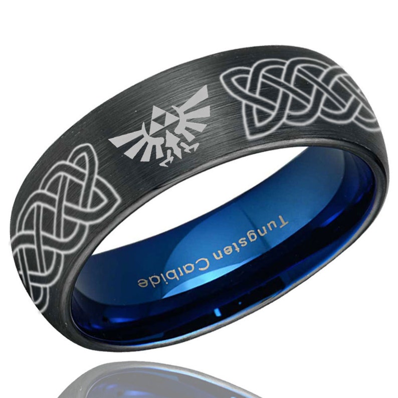 Tungsten Wedding Band Ring Blue Celtic Zelda Black Tungsten Ring Men Mens Engagement Ring Promise Ring for Him Personalized Ring Dome