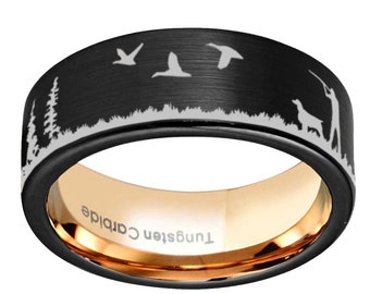8mm Tungsten Duck Ring, Flat Pipe Cut Tungsten Duck Hunting Engraved Rings, Wedding Band Tree, Gifts For Him