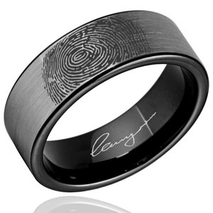 Actual Fingerprint Rings, 8mm Flat Top Tungsten Handwriting Band, Mens Finger Print Memorial Ring, Personalized Gifts