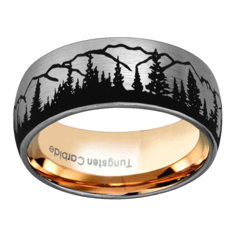 8mm Pine Tree Forest Ring, Dome Blue Gray Tungsten Mountain Landscape Nature Wedding Band, Promise Ring For Men Gray / Rose Gold