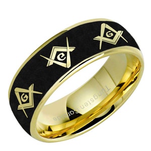 Freemason Masonic Ring, Black And Gold Masonic Mens Band, 8mm Tungsten Wedding Engagement Ring, Gifts For Him