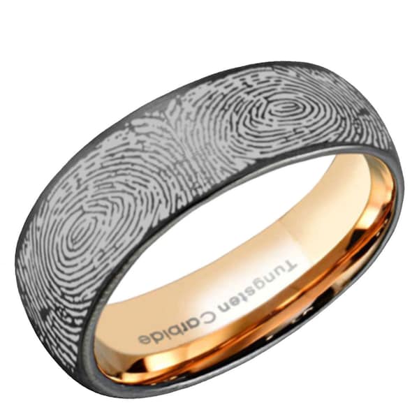 Anillo de tungsteno con forma de cúpula y huella dactilar, banda grabada con huella del pulgar, 8 mm