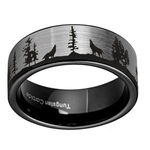 Howling Wolf Ring, Flat 8mm Gray Tungsten Wolves Engagement Ring, Outdoor Forest Wedding Band, Gift For Him
