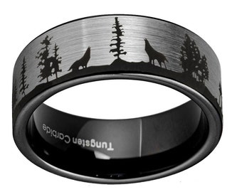 Howling Wolf Tungsten Ring, Engraved Forest Scene, 8mm Wedding Band