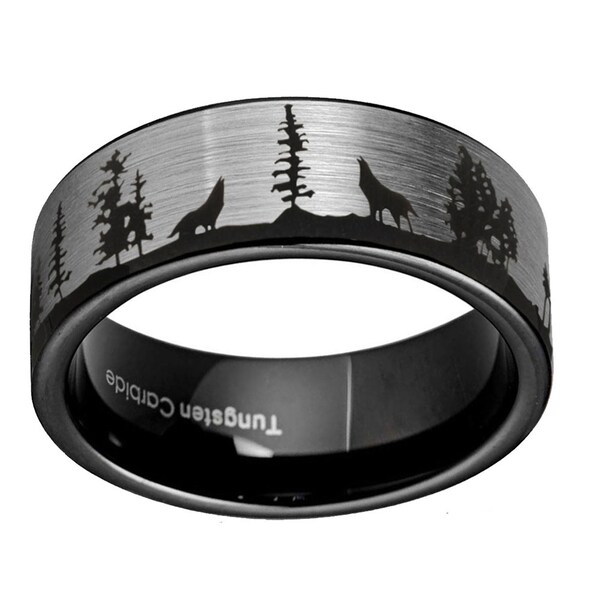 Howling Wolf Tungsten Ring, Engraved Forest Scene, 8mm Wedding Band