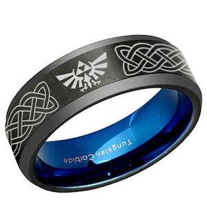 Zelda Triforce Black Tungsten Gammer Ring, Triforce Wedding Band, Celtic Knot, Personalized Ring, Gift For Husband Bevel 6MM 8MM