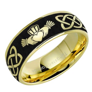 Irish Claddagh Ring, Celtic Irish Black And Gold Tungsten Ring, Hand Engraved Celtic Knot Wedding Band