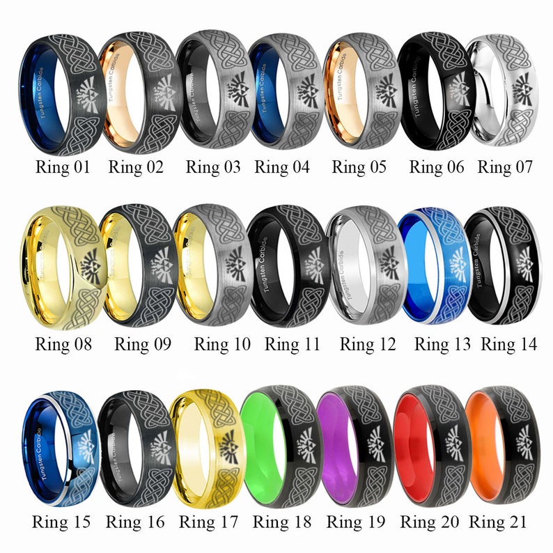 8mm Celtic Zelda Tungsten Ring, Dome Black Gold Tungsten Triforce Zelda Wedding Band, Celtic Knot Zelda Ring image 2