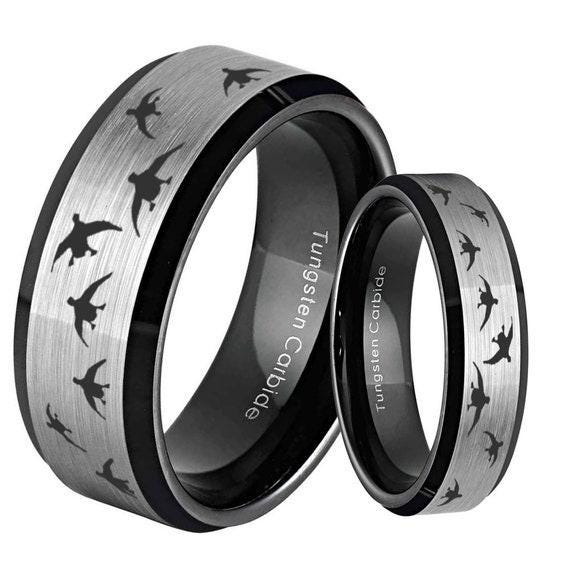 Tungsten Duck Hunting Wedding Ring, Beveled Edge Gray Band - Etsy