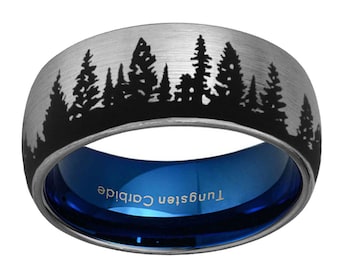 Outdoor Wedding Ring, Dome Tungsten Fir Forest Man Wedding Band, Nature Jewelry, Laser Engraving, Gifts For Boyfriend