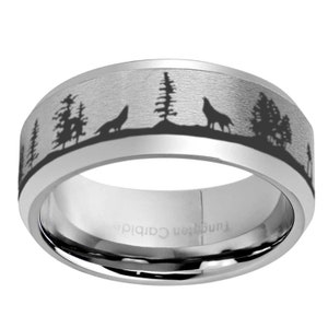 Wolf In Forest Ring, 6, 8mm Silver Tungsten Howling Wolves Mens Wedding Band, Landscape Scene Tungsten Engraved Ring