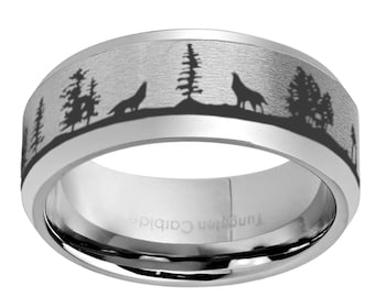 Tungsten Wolf Ring, Forest Landscape Engraved Wedding Band