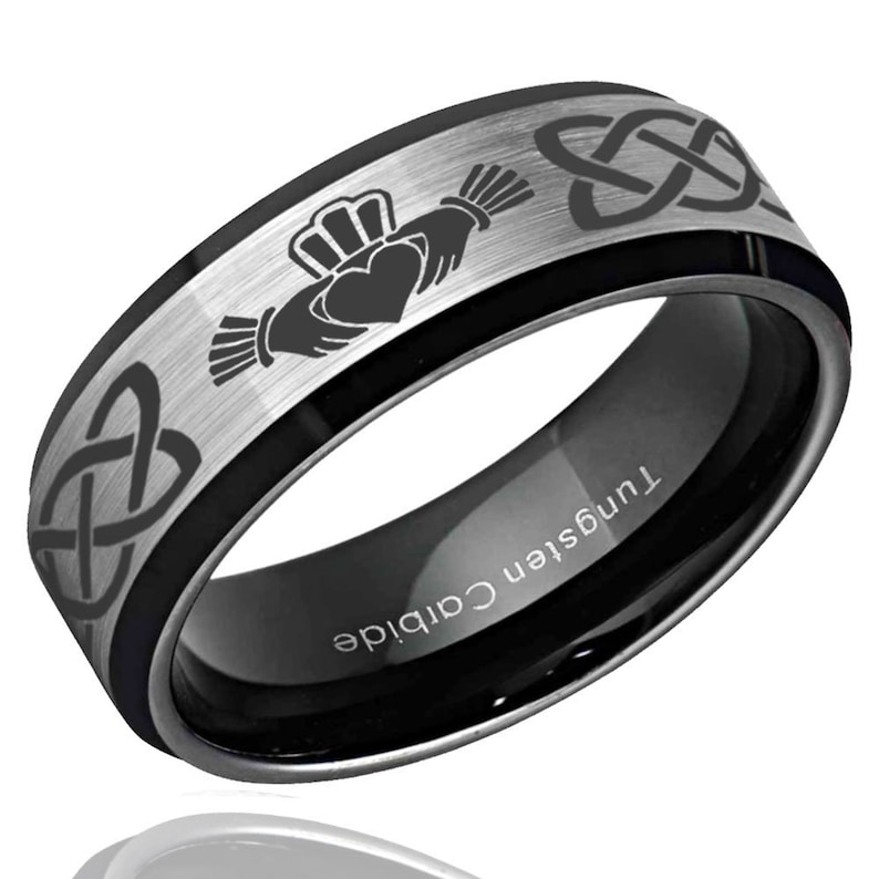 Silver Black Tungsten Wedding Ring Sets Promise Ring For Couple Celtic Irish Claddagh His Hers Tungsten Wedding Band Set Beveled Edges
