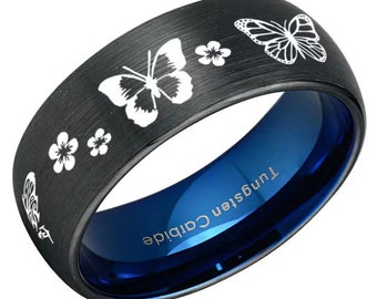 Butterfly Design Black Tungsten Ring, Black And Bue Tungsten Wedding Band, Mens Engagement Ring, Promise Ring Engraved