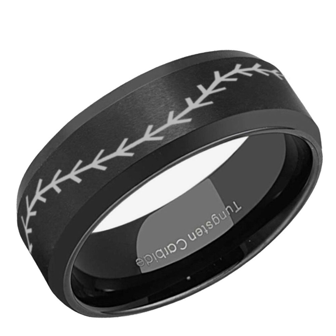 6, 8mm Baseball Rings for Man, Beveled Edge Black Tungsten Baseball