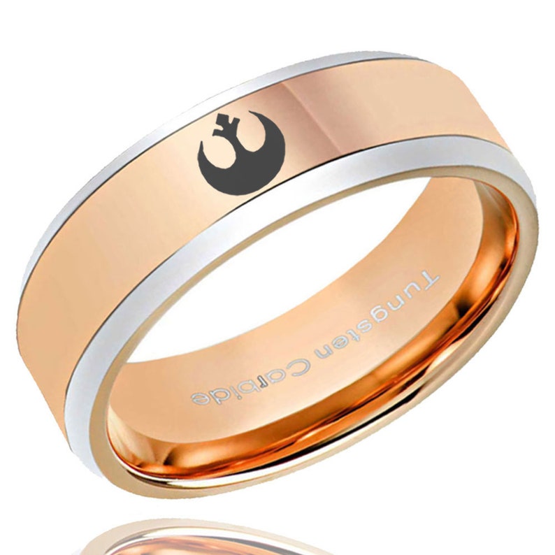 8mm Tungsten Rose Gold Beveled Star Wars Rebel Alliance Promise Ring