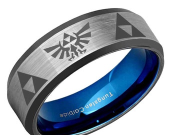 6, 8mm Legend of Zelda Tungsten Ring, Beveled Black and Gray Tungsten Triforce Zelda Wedding Rings, Personalized Ring