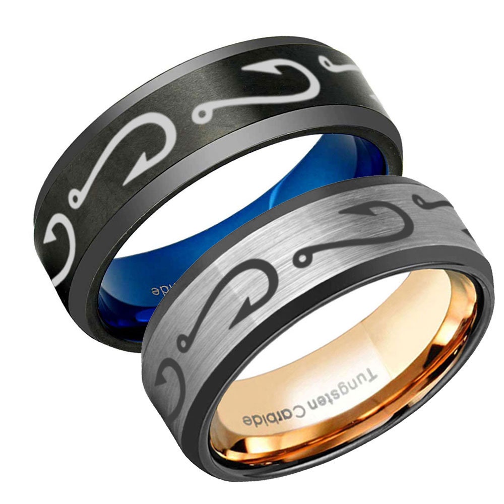8mm Fishing Wedding Ring, Beveled Edges Black Tungsten Fish Hook Wedding  Band, Hunting Personalized Ring 