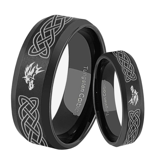 His Hers Celtic Wolf Ring Sets, Beveled Edge Black Tungsten Twilight Wolf Wedding Ring, Couple Rings Set