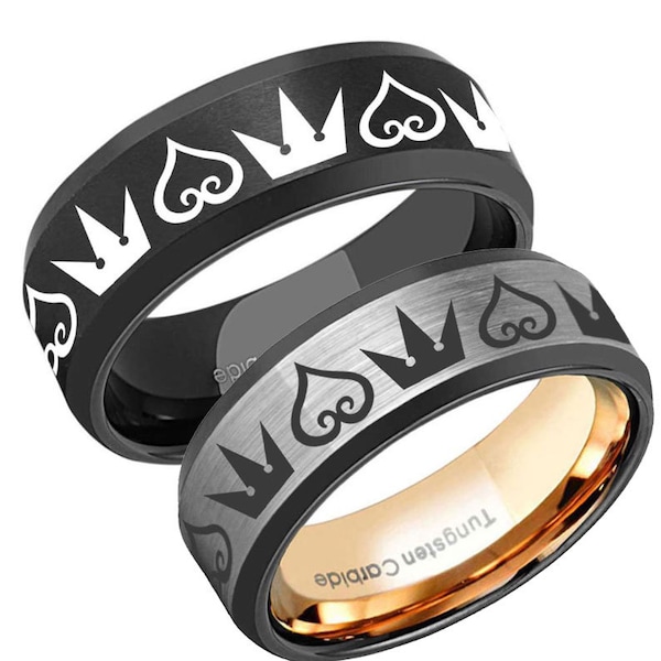 Kingdom Hearts Crown Ring, 8mm Beveled Blue Black Tungsten Crown Wedding Band, Promise Ring For Him, Gifts For Husband