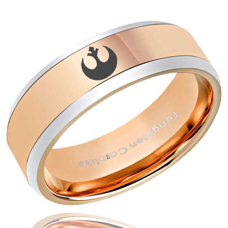 8mm Tungsten Rose Gold Beveled Star Wars Rebel Alliance Promise Ring