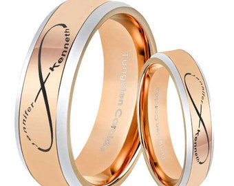 His Hers Infinity Two Names Tungsten Ring, Beveled Rose Gold Tungsten Wedding Band, Couple Ring Set, Personalized Rings