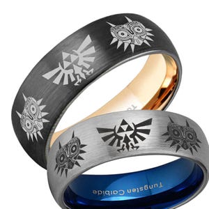 Legend Of Zelda Majora's Mask Ring, Tungsten Zelda Triforce Mens Wedding Band, Mens Engagement Ring, Gift For Dad, Dome 8MM