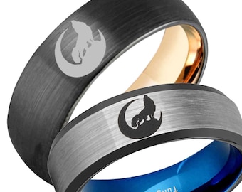 8mm Black Tungsten Wolf Moon Ring, Personalized Band