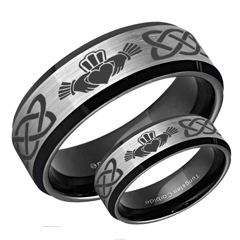 Silver Black Tungsten Wedding Ring Sets Promise Ring For Couple Celtic Irish Claddagh His Hers Tungsten Wedding Band Set Beveled Edges