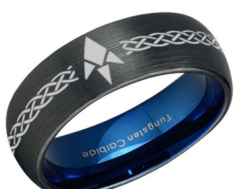8mm Celtic Goron Tungsten Ring, Black And Blue Tungsten Legend Of Zelda Mens Wedding Band, Tri Force Jewelry