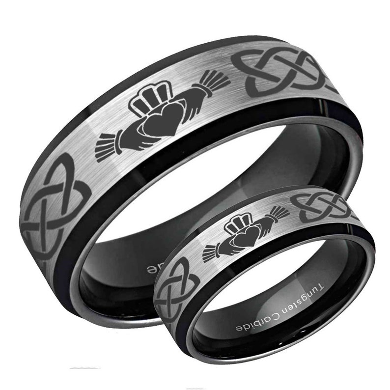 Silver Black Tungsten Wedding Ring Sets Promise Ring For Couple Celtic Irish Claddagh His Hers Tungsten Wedding Band Set Beveled Edges