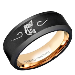 Jump Walleye Fish Ring, 8mm Black Tungsten Fishing Hooks Wedding Band, Custom Jewelry