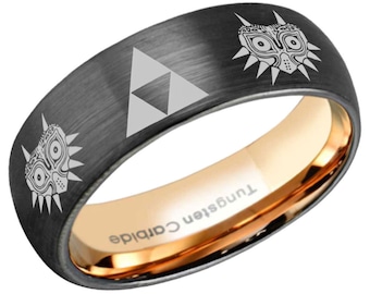 8mm Triforce Zelda Majora's Mask Ring, Dome Rose Gold Black Tungsten Mens Wedding Band, Tungsten Triforce Jewelry