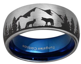 Tungsten Two Fox Wedding Band Men, 8mm Dome Gray Black Tungsten Mountains Landscape Ring, Forest Landscape Ring