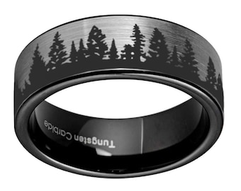 Black Tungsten Forest Ring, Fir Tree Wedding Band
