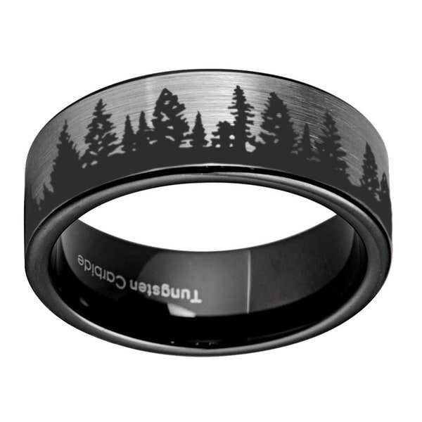 8mm Tungsten Outdoor Wedding Ring, Flat Top Black Tungsten Fir Forest Ring, Tungsten Tree Line Wedding Band