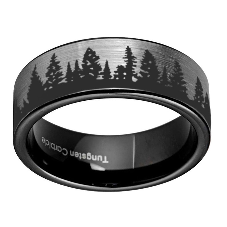 Mens Custom Engraved Ring Forest Landscape Tungsten Wedding Band Promise Ring for Him 8mm Pipe Cut Tree Outdoor Design Tungsten Ring