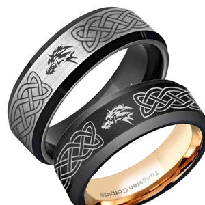 Celtic Zelda Wolf Ring, 8mm Tungsten Twilight Wolf Wedding Band, Celtic Knot Custom Engraved Ring