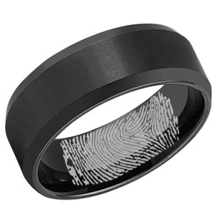 Inner Fingerprint Rings, Black Tungsten Finger Print, Thumbprint Ring, Men&#39;s Wedding Band, Hypoallergenic Jewelry, Beveled 8MM