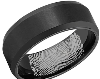 6, 8mm Actual Inner Fingerprint Wedding Band, Beveled Black Tungsten Finger Print, Customized Thumb Hypoallergenic Ring