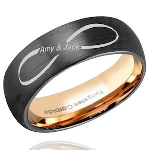 8mm Infinity Name Engraved Ring, Dome Black And Rose Gold Tungsten Infinity Symbol Ring, Personalized Gifts, Gifts For Husband