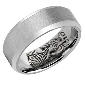 Gray Tungsten Inner Fingerprint Ring, Minimalist Ring, Unique Wedding Bands, Anniversary Gifts, Gift For Husband, Beveled 8MM
