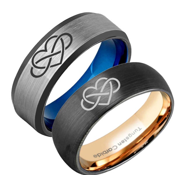 Tungsten Heart Infinity Ring, Blue Black Tungsten Heart Men Wedding Band, Laser Engraving, Gifts For Husband