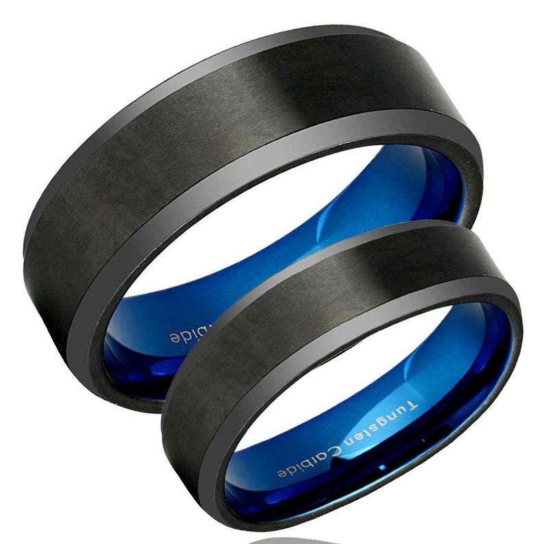 Beveled Edges Tungsten Ring His Hers Black Tungsten Wedding Band Set Promise Rings For Couples 5mm 8mm Blue Tungsten Wedding Ring Sets