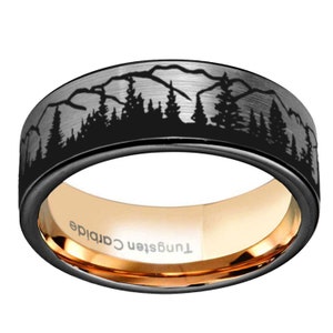 8mm Forest Mountain Ring, 8mm Flat Top Black Tungsten Fir Tree Mountain Band Men, Laser Engraving, Gift For Him